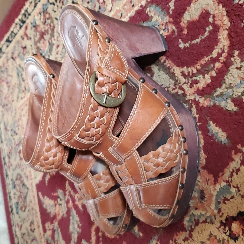 Frye Brown Leather Mules with Braided Detail